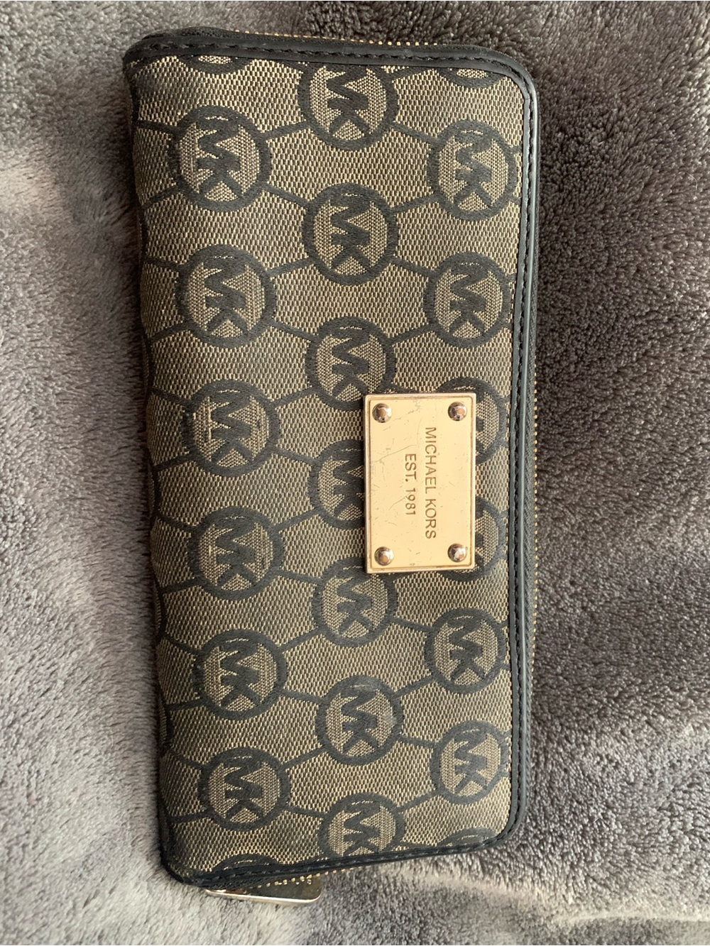 Michael Kors Tan and Black MK Logo Continental Zip Wallet
